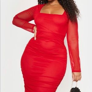 Plus Red Mesh Ruched Midi Dress